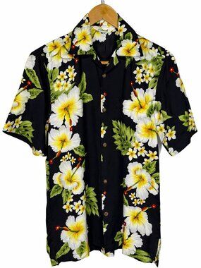 Alvish Hawaiian Shirt Mens Small Black Floral Hibiscus Camp Aloha Polyester